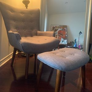 Kari Linen-Look Fabric Accent Chair with Ottoman